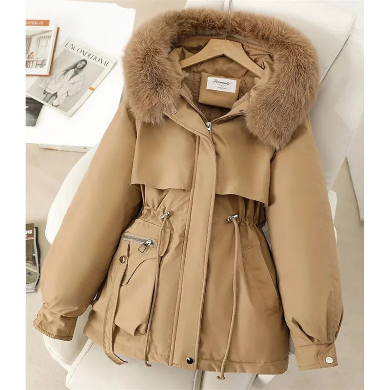 Fleece Lined Hood Down Jacket Winter Coat for Women Warm Drawstring Padded Parkas Korean Casual Streetwear Female Puffer Outwear
