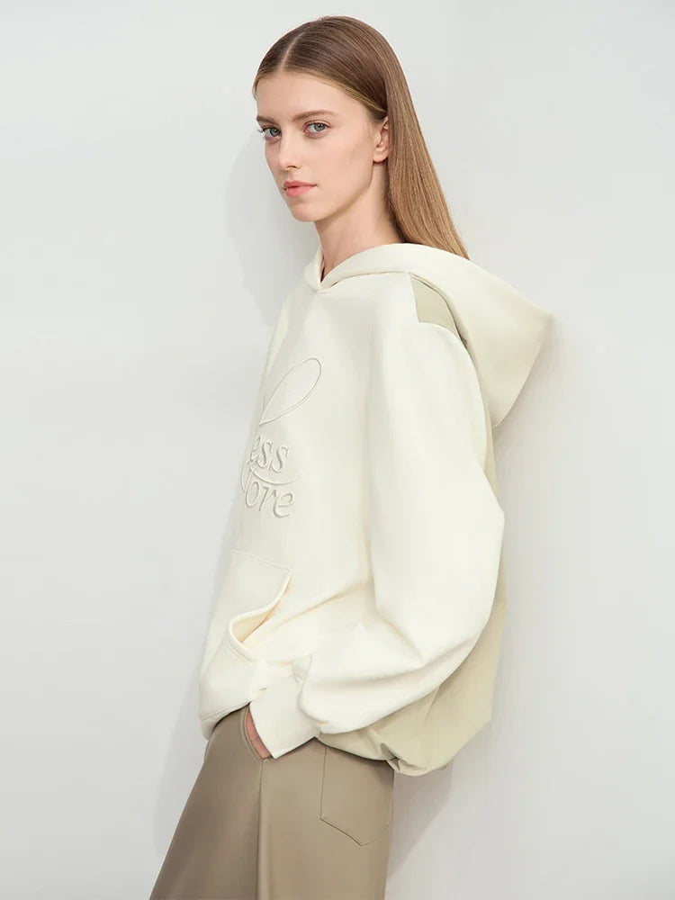 Amii 2024 Winter Clothes Women Long-sleeved Color Matching Embroidery Pocket Fleece Hooded Sweater Loose Casual Tops 12444202