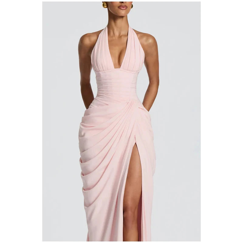 Women Fashion Solid Pleated Halter Dress Waist-cinching Sleeveless Backless Split Maxi Dresses 2026 Sexy Summer Lady Party Gowns