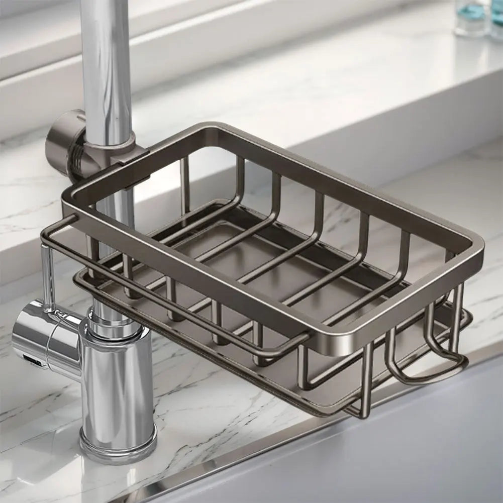 Kitchen Sink Faucet Organizer Detachable Over Faucet Sink Caddy Organizer Faucet Drain Rack with Hook Work with Round Water Pipe