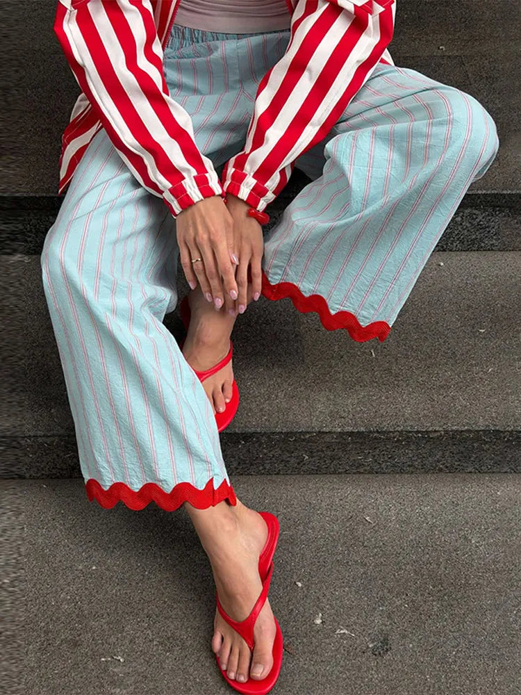 Colorful Striped Wide Leg Trousers Women Bohemian High Waist Multi-color Panelled Slim Straight Pants Fashion Lady Beachwear New