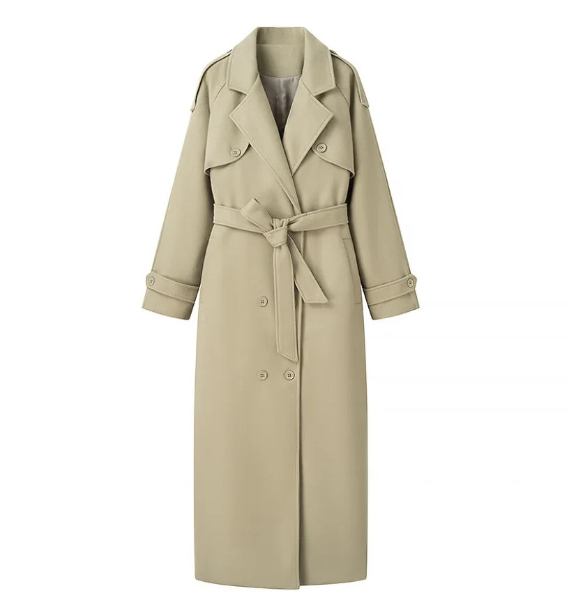 Whisper Lumi Vintage Double Breasted Lapel Women Long Coat Elegant Loose Jacket With Belt Autumn Casual Ladies Streetwear