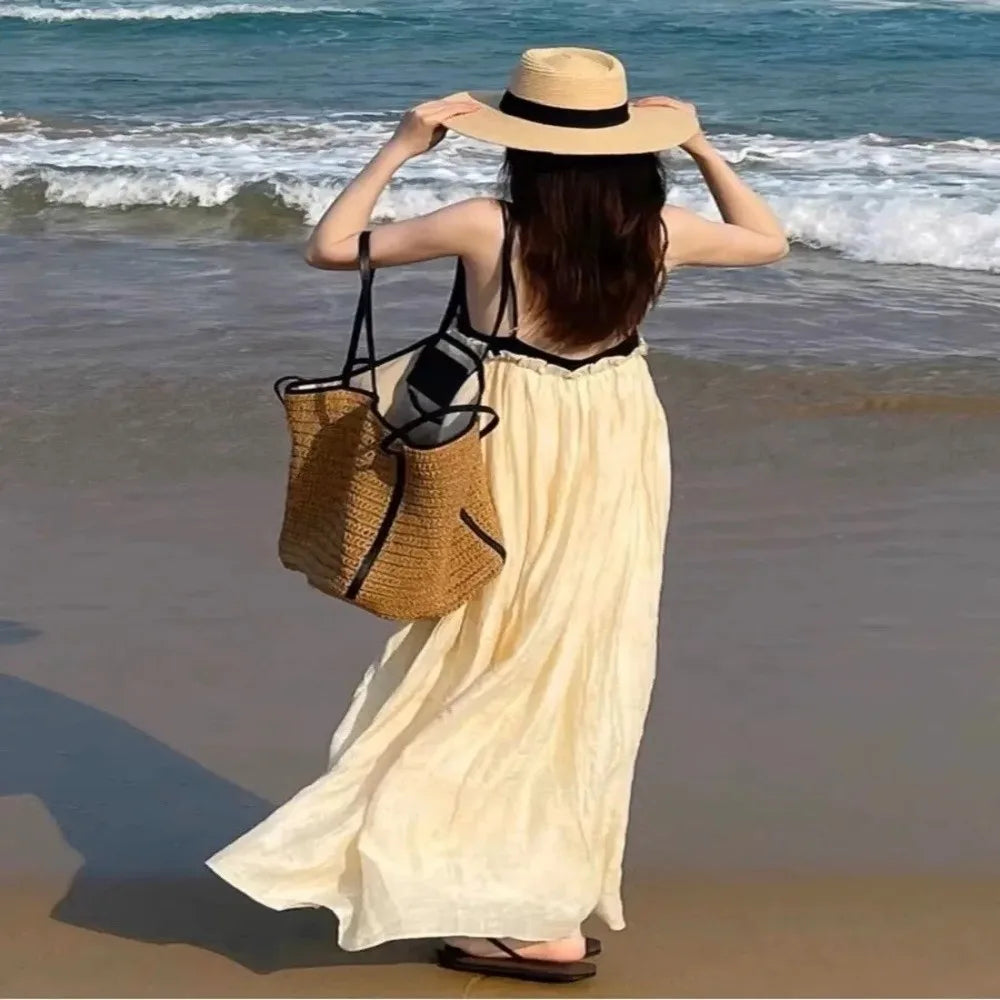 Fashion Vintage Straw Baskets Bag Straw Handmade Woven Beach Bag Korean Style Large Capacity Tote Bag Women Accessory