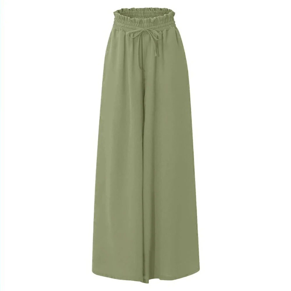 Women Casual Elastic Waist Wide Leg Pants Summer Elegant Drawstring Loose Straight Trouser Elegant Solid Pants Vacation Beach