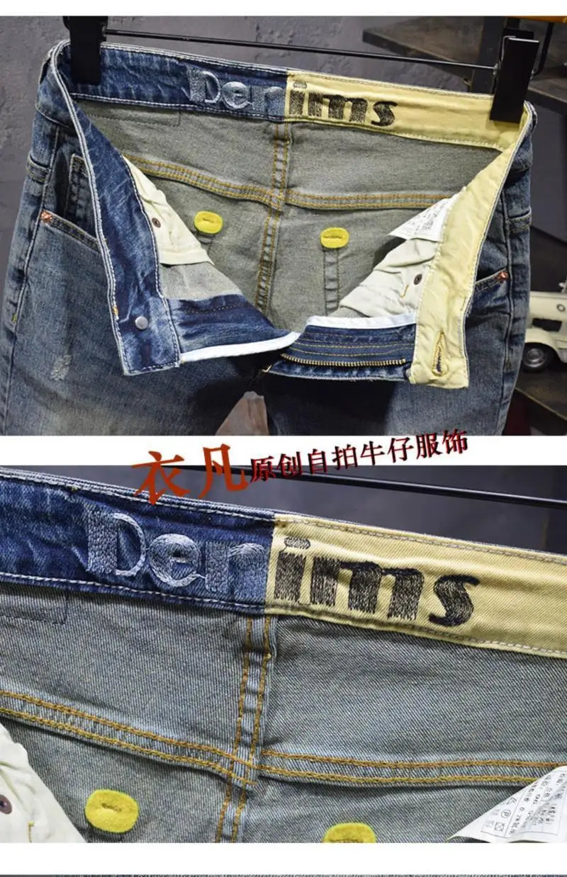 Blue Old Retro Summer Men's Denim Medium Pants Embroidered Scratches Washed Versatile Elastic Shorts Cargo Half Pants Jeans