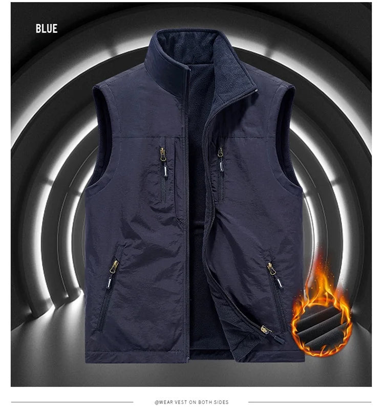 2025 Autumn Winter Thickened Fleece Double-Sided Vest Men's Jacket Warm Outerwear Slim Fit Casual Style Daily