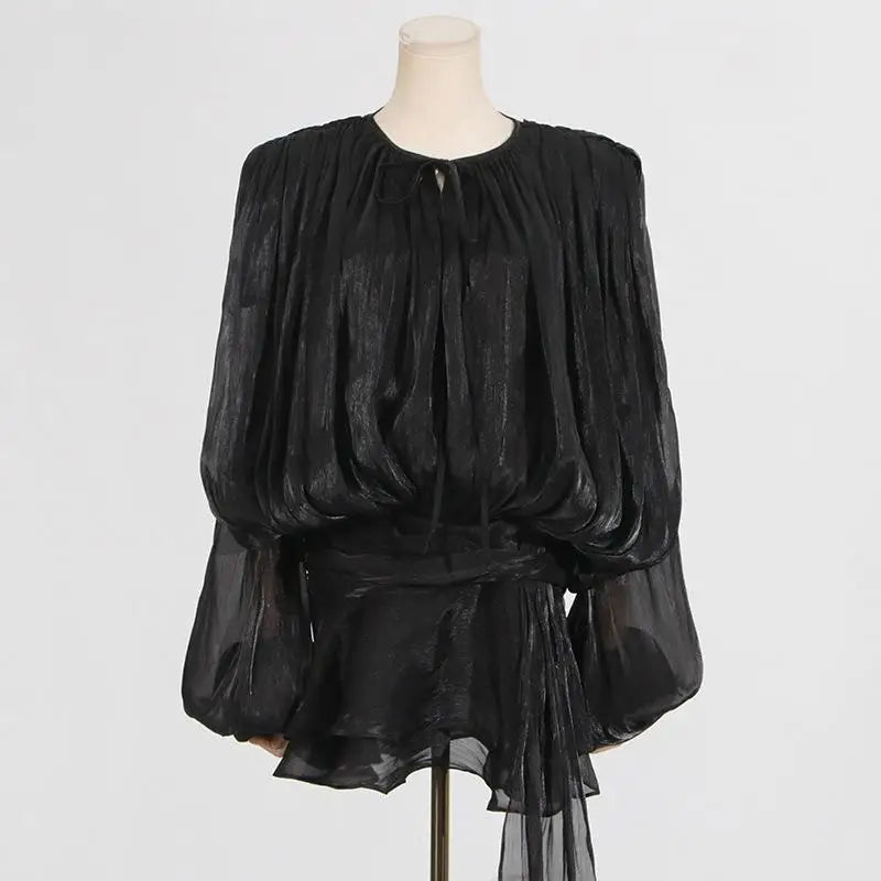 Female Fashion Long Flare Sleeves Lace Up Mini Dress Elegant Chiffon Ruffle High Waist Vestidos New 2025 Autumn Woman Party Wear