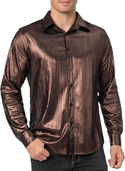 Metallic Shiny Polyester Dress Shirts for Men Black Solid Gold Red Silver Long Sleeve Turn Down Collar Prom Disco Men's Shirt
