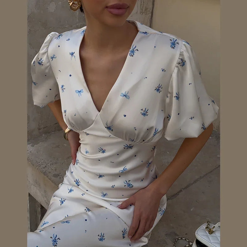 Elegant Print Women Long Dress Fashion V-neck Pleated Flutter Short Sleeve Empire Female Dresses 2026 Summer Chic Female Robe