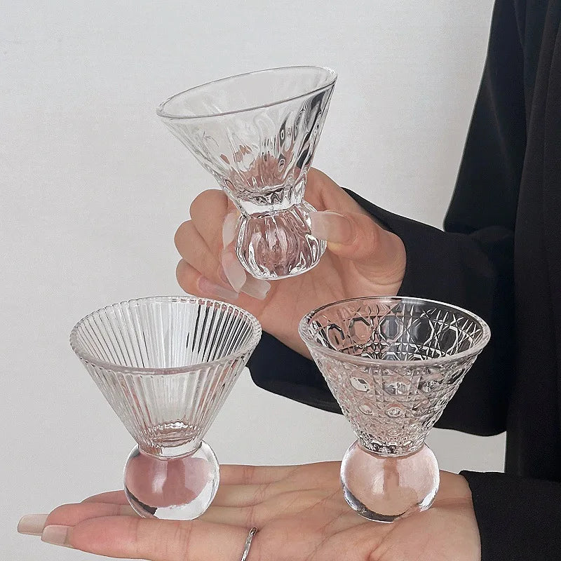 Retro Gem Pattern High Stem Glass Cup for Ice Coffee Juice Bubble Water Drinkware Nordic Sle Pure Color Universal Cup