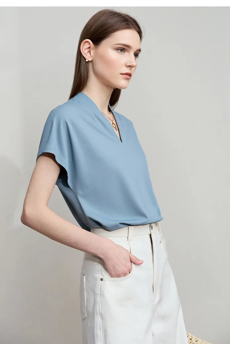 AMII Minimalism 2026 Summer Women's T-shirt Classic Style Casual V-neck Short Sleeve Solid Stretch Female Tops & Tees 12312013