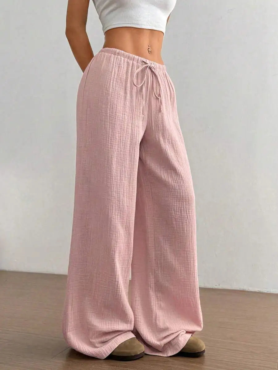 Women's Elegant Versatile Elastic Waist Comfortable Casual Pant Slightly Elastic Simple Solid Color High Waist Wide-leg Pants