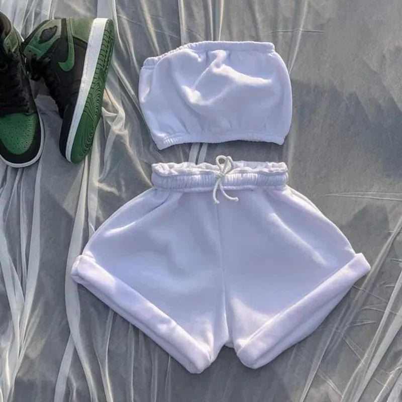 Thin Summer New Solid Color Lace Up Tracksuits Women Sleeveless Backless Tube And Shorts Two Piece Sets Casual 2pcs Outfits