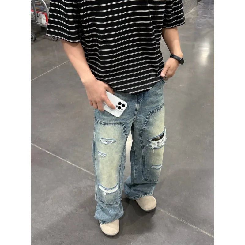Men's Jeans Man Pants Heavy Duty Washed Multi Pocket Carpenter Style Straight Loose Denim Trousers Casual Fit High Street