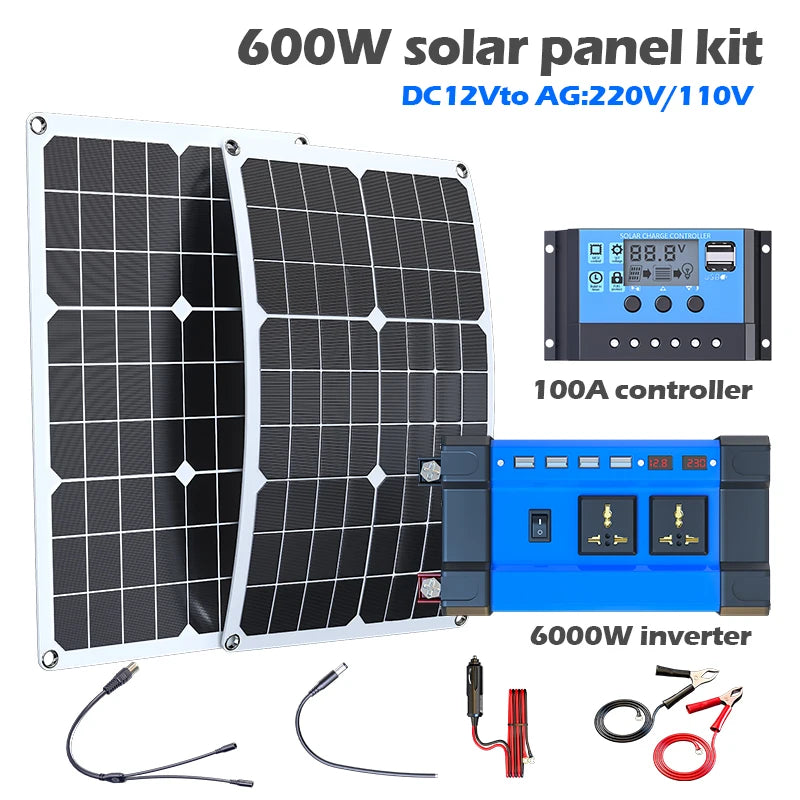 6000W Solar Generator 600W Panel 100A Controller & Dual Voltage Inverter (110V/220V) for Home & RV & Camping