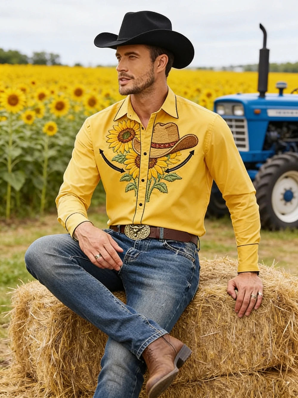 2026 New Men's Western Farm Cactus 3D Print Black Shirt Long Sleeve Collar Button Business Casual Hawaiian Shirt Men For you