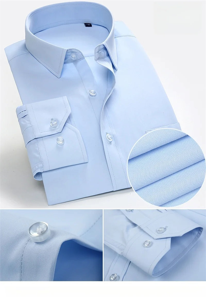 Men's High Quality Dress Shirts Long Sleeve Slim Fit Solid Stripe Business Formal White Shirt Male Pocket Social Clothing 7XL