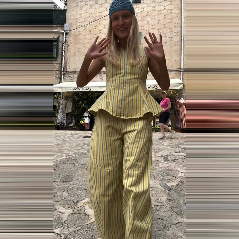 Casual Striped Pleated Vest Pants Women's Set Elegant Sleeveless O-neck Top Wide Leg Trousers 2026 Summer Vacation Lady Outfit