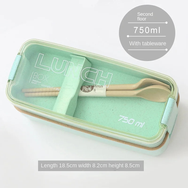 Wheat Straw Lunch Box ，Stackable Bento Box Microwave Dinnerware Food Storage Container with Spoon Fork For Student Work，2 Layer