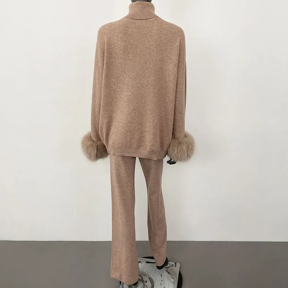 2024 New Fashion Autumn Winter Natural Real Fox Fur Cuffs Coat Knitted Sweater Women Long Pants Set Jacket Thick Warm