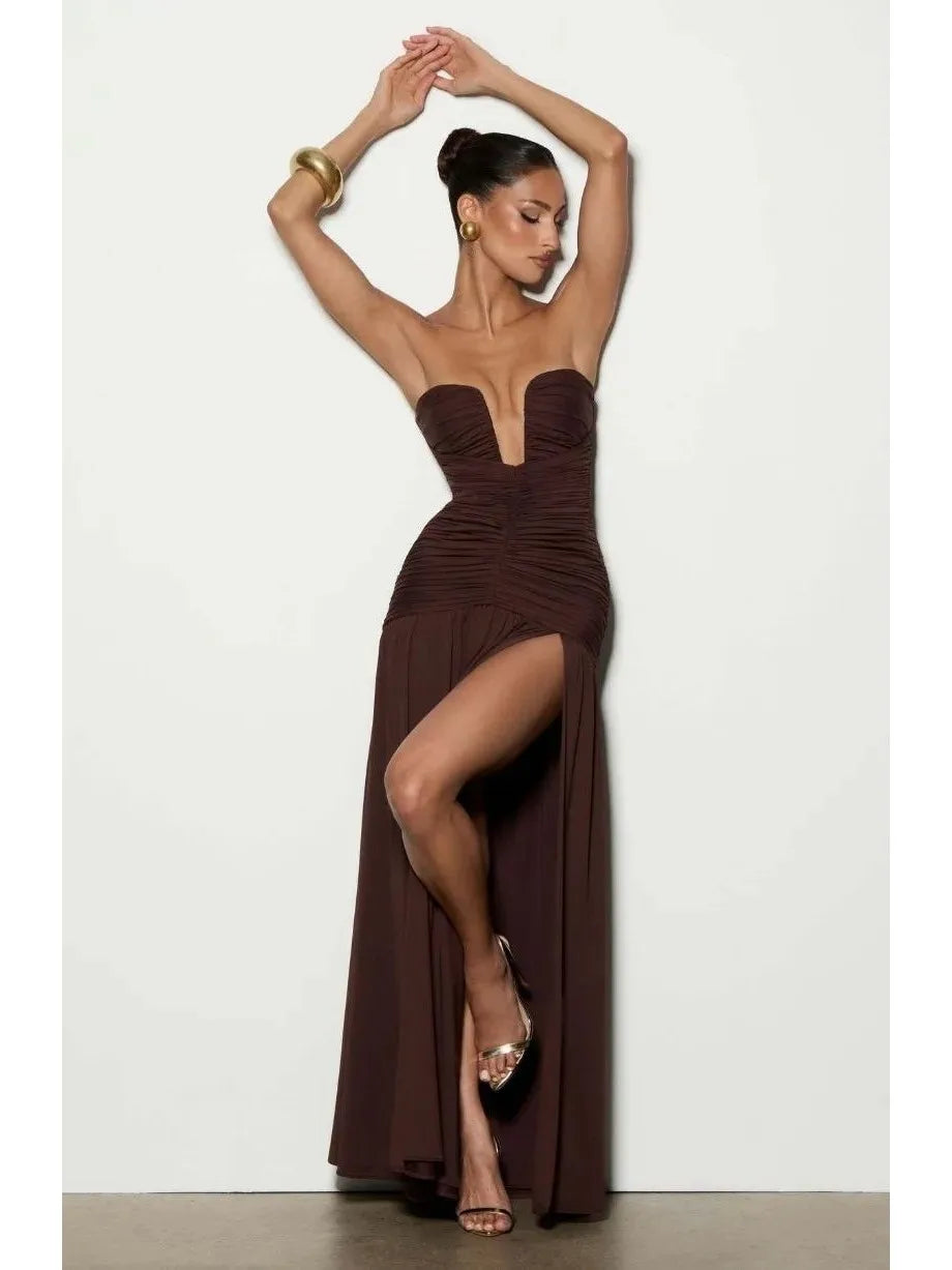Women's Strapless Pleated High Slit Long Skirt Sexy Pure Color mid Waist Polyester Fiber V-neck Sleeveless Slim Fit Dress