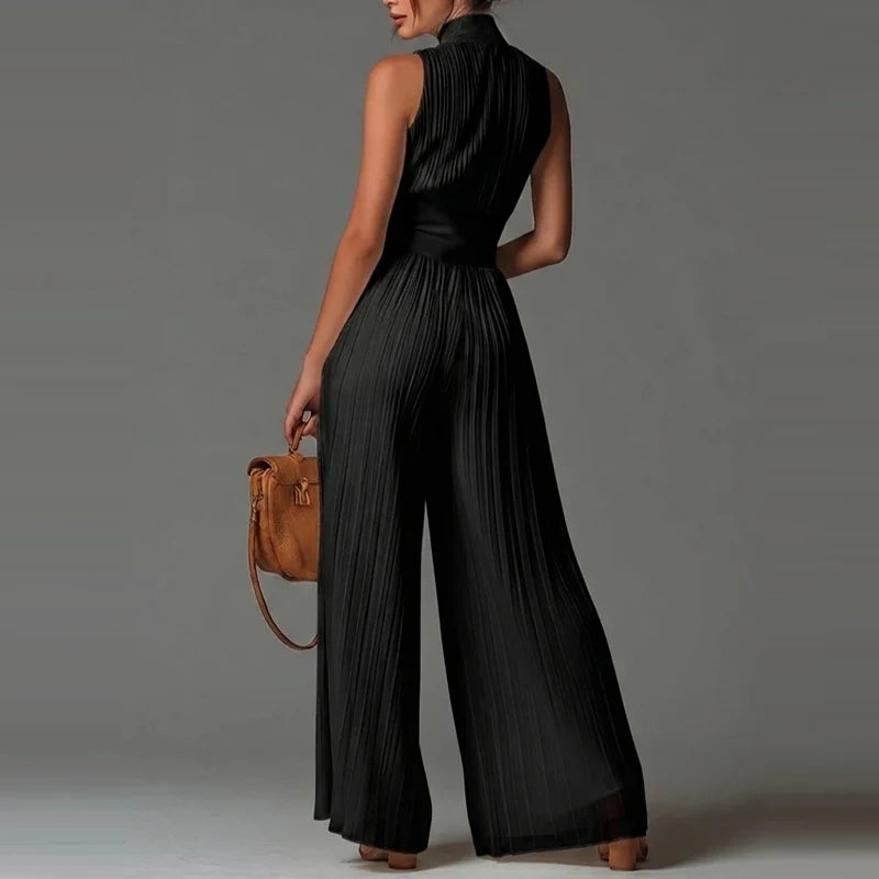 Elegant Stand Collar Zipper Long Jumpsuits Women's Casual Sleeveless Draped Party Rompers Fashion Printed Waist Summer Playsuits