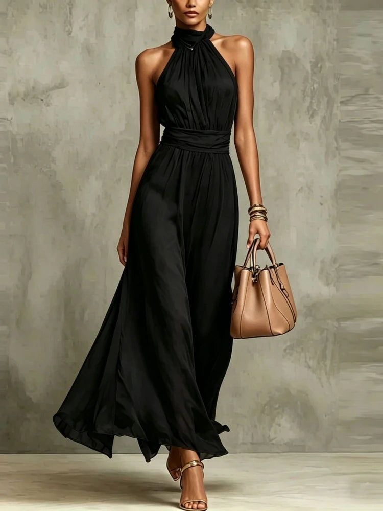 Elegant Chiffon Dress 2026 Fashion New Women Solid Halter Maxi Dress Sleeveless High Neck Ruched Waist Evening Party Dress