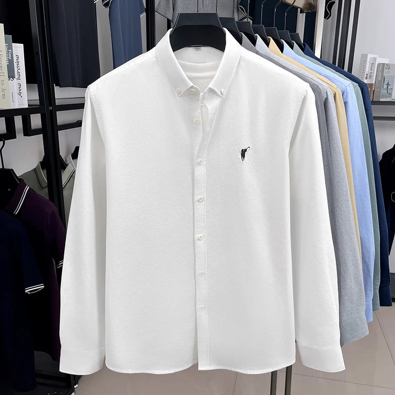 High End 100% Pure Cotton Long Sleeved Men's 2026 Spring Fashion Solid Color Business Casual Small Horse Logo Shirt