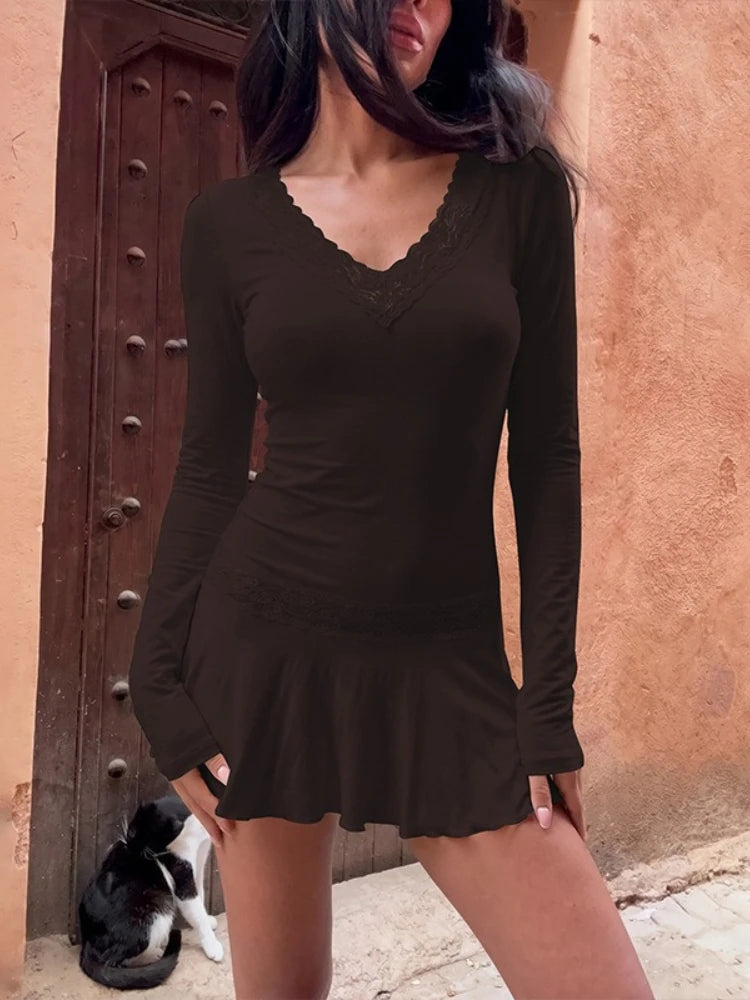 FDYOUI Casual Sexy V-neck Lace Patchwork Mini Dresses Women Long Sleeve Pleated Slim Holiday Dress Party Club Outfit Streetwear