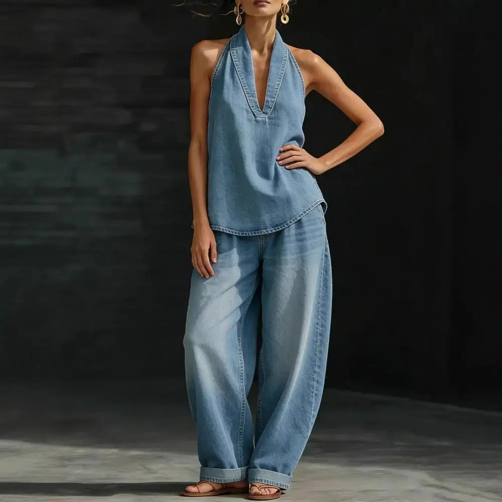 Women Denim Vest Pants Set Summer Vintage Washed Denim Sleeveless Hanging Neck V-neck tank top Straight Leg Pants OL Commuting