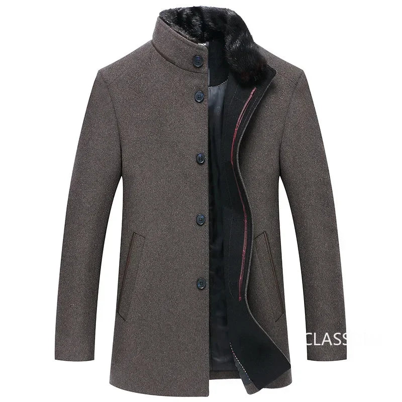 New Winter Men Business Casual Woolen Blends Fur Collar Male Cashmere Trench Coats High Quality Overcoats Warm Jackets Size 3XL