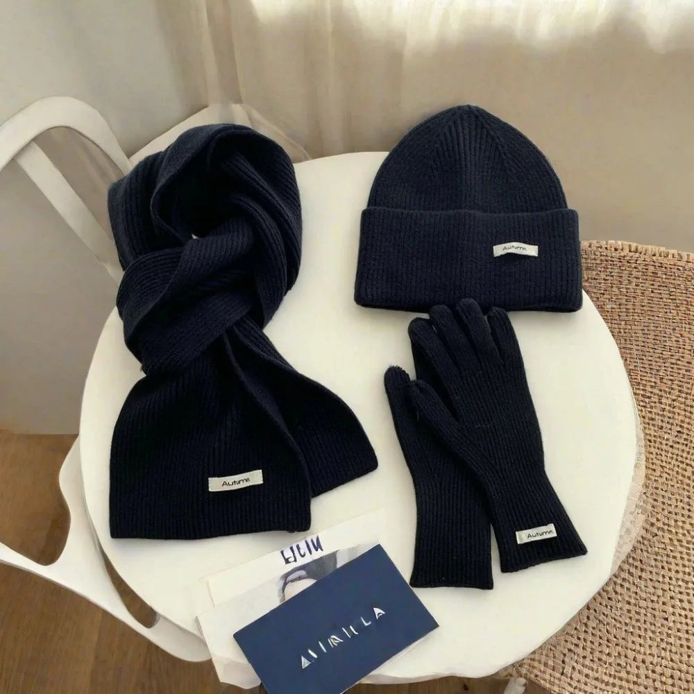Knitted Winter Scarf Woman Solid Color Hat Scarf Gloves Women's Windproof Adult Three-piece Set Fashion Women's Scarf Hat Set