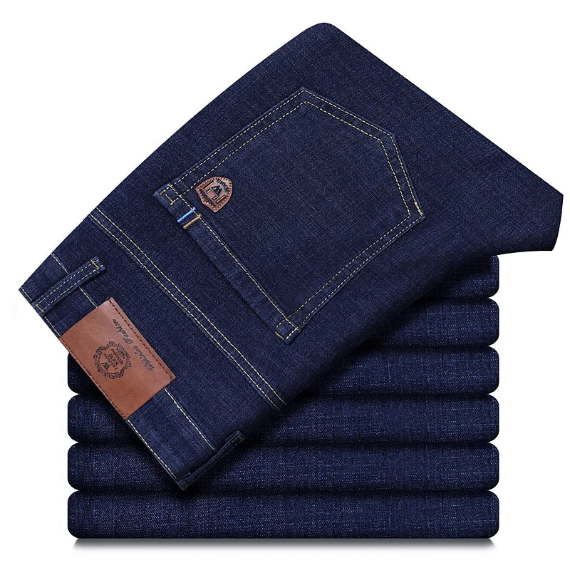 OUSSYU Brand Classic Retro Blue Men's Jeans Denim Pants Work Streetwear Straight Stretch Business Autumn Winter Cotton Trousers