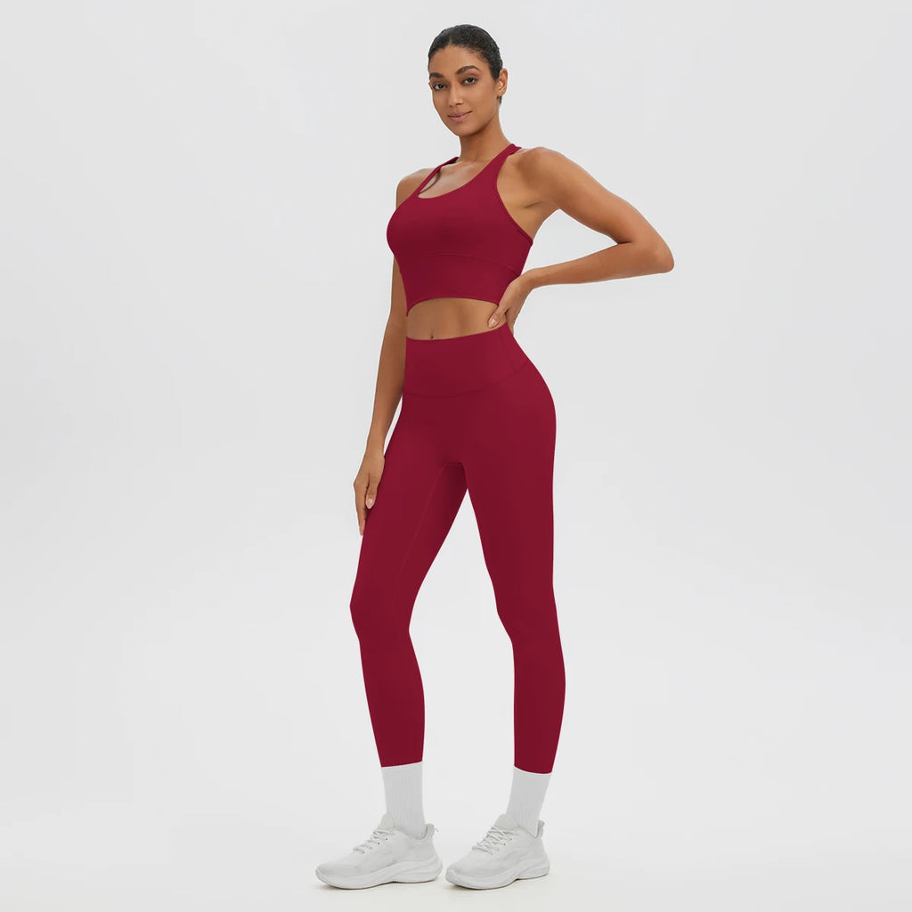 2PCS/set Gym Sports Yoga Suit for Women's Solid Color High Stretch Quick Drying Legging Yoga Pants Gather I-shaped Vest Yoga Set