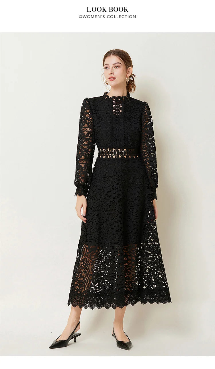 Solid Lace Holloe Out Slimming Elegant Dresses For Women Stand Collar Long Sleeve High Waist Minimalist Dress Female Fashion