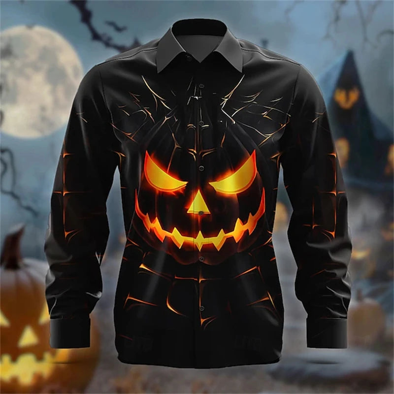 2026 Halloween Fun New Fall and Winter Yellow Shirt Halloween Party Fashion Men's Long Sleeve Tops Temperament Button Down Shirt