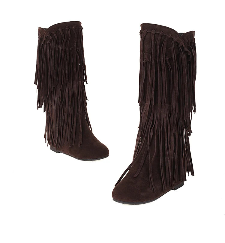 2025 New High Boots Women Bohemian Flock Tassle Mid-Calf Boots Wedge Booties Autumn Winter Ethnic Casual Shoes zapatos de mujer