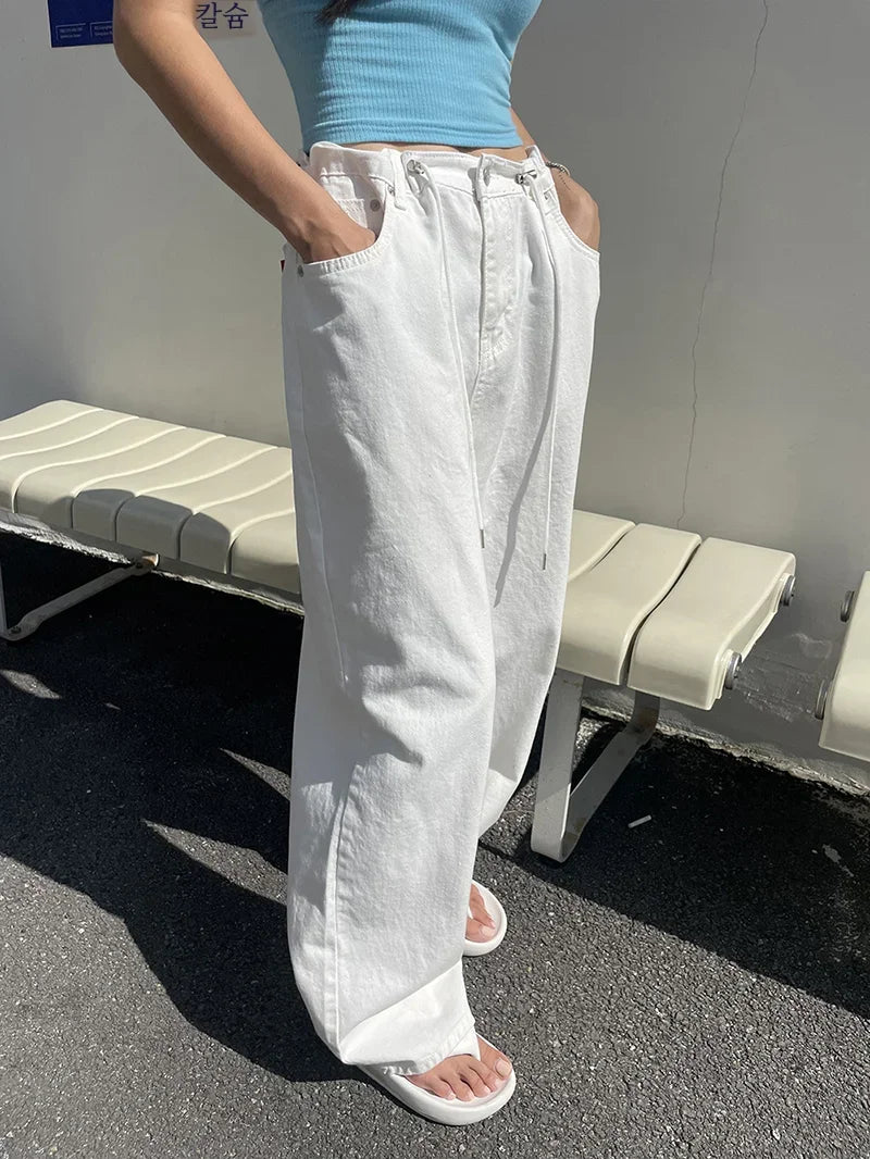 Retro High-waisted Women's Straight Jeans Summer New Fashion Loose Drawstring Design