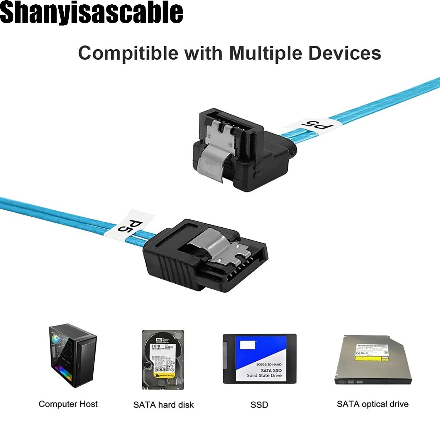 0.5M Cable 6Pcs/Set - SATA 90-Degree Right-Angle Data Cable SAS/SATA-12Gbps Cable for Server-Raid SDD HDD CD DVD Drives