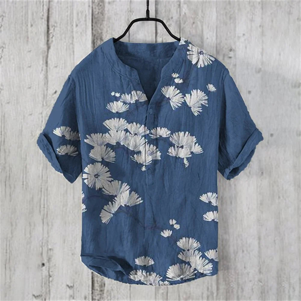 2024 New Men's Shirt Japanese Vintage Art Print Linen Short Sleeved Shirt Hawaiian Style Button Henry Neck Shirt