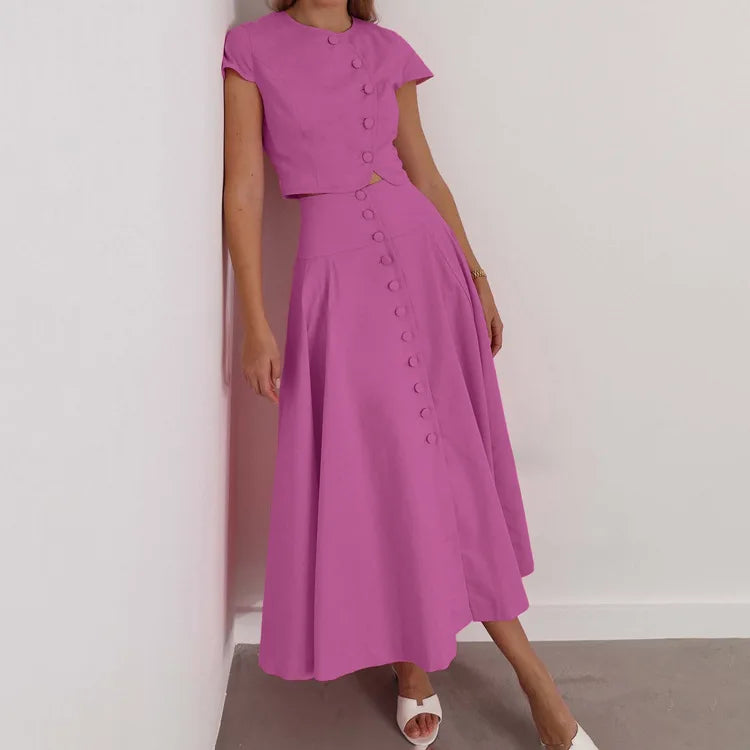 Two Pieces Women Dress Sets Solid Matching Sets Button Short Sleeves Top Empire Waist Ankle Length Skirt Loose Fit 2026 Summer
