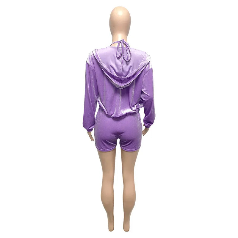 Velvet Tracksuit 3 Piece Set Women Fall Outfits Zipper Hoodies Jacket + Bra + Shorts Sets Sporty Matching Sets Jogging Femme