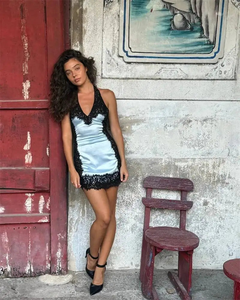 Blifanbo Sexy Lace Patchwork Halter Neck Mini Dress Women Elegant Deep V Neck Bodycon Backless Sleeveless Slim Club Party Dress