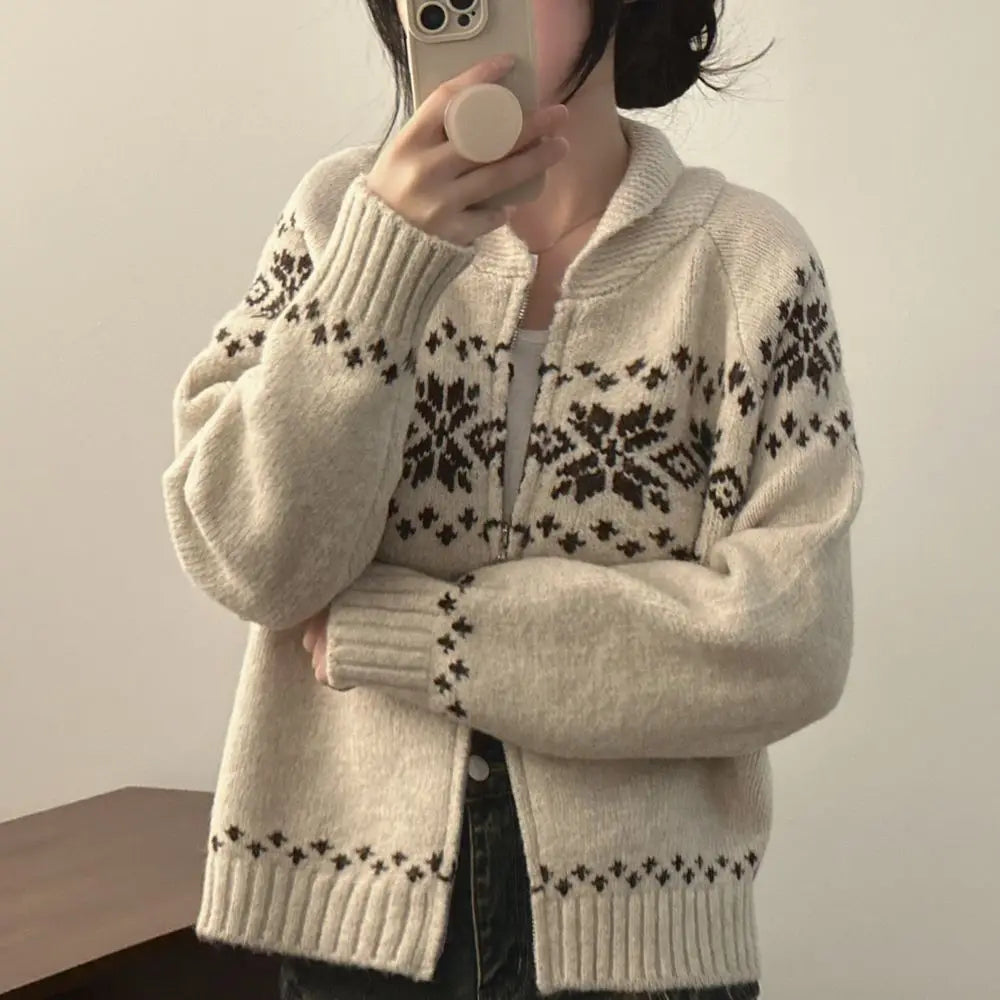New Autumn Winter Women Fashion Elegant Knitwear Long Sleeve Sweater Fall Korean Style Casual Knitted Top Zipper Lapel Jacket