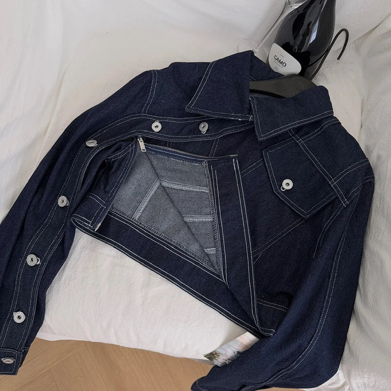 Vintage Wash Denim 2 Piece Sets Women Long Sleeve Crop Top Zipper Jacket and A-Line Mini Skirts Suits Streetwear Jeans Outfits