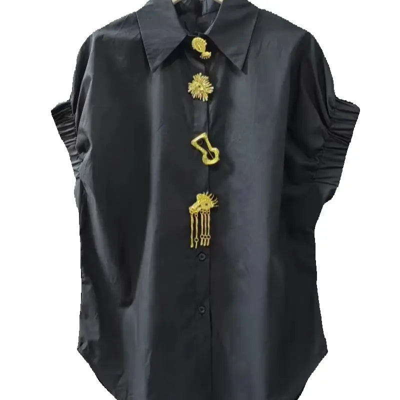 Luxury Design Removable Sequins Blouses Shirts Women 2026 Summer Trend Short Sleeve Black White Tops for Women рубашка женская