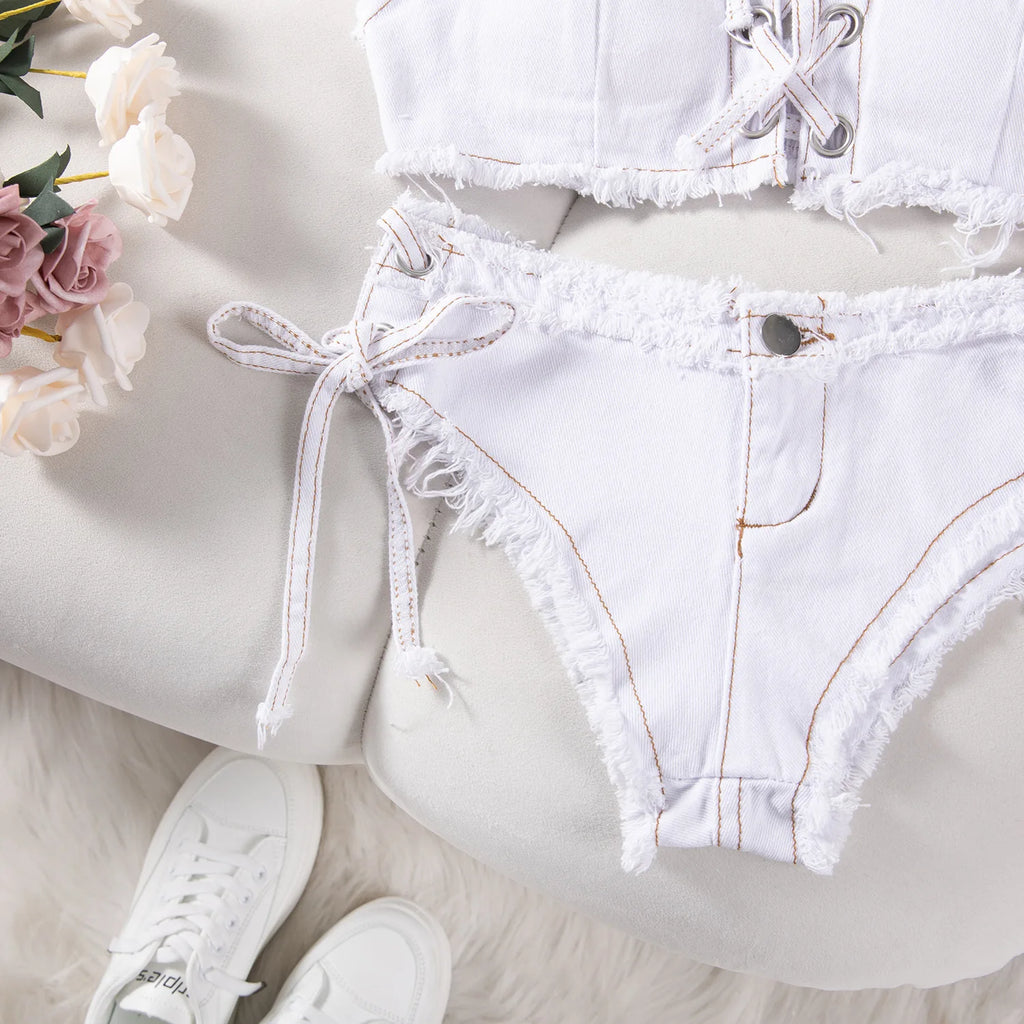 DEKA Retro Women Bikini Denim Suits Summer Halter Camis+ Mini Pant Lingerie Fashion Vacation Swimsuits Sexy Bra&Briefs Sets