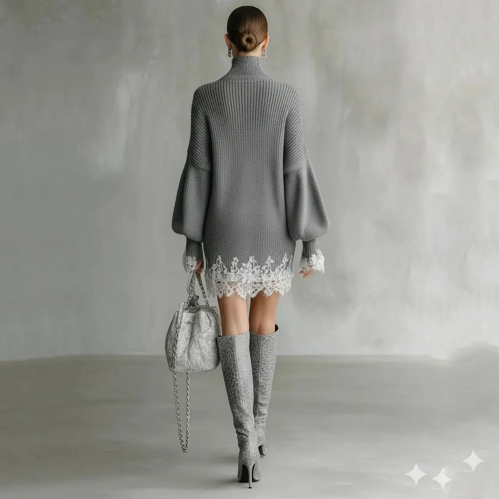 Elegant Lace Splice Loose Party Dress Fashion Turtleneck Hight Waist Knit Dress Fall Winter Casual Long Sleeve Solid Mini Dress