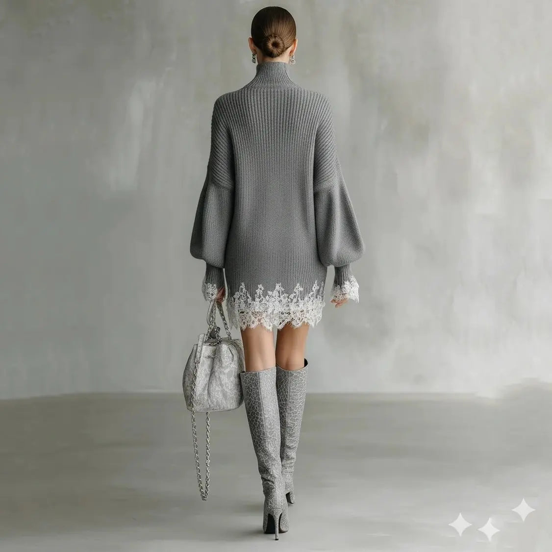 Elegant Lace Splice Loose Party Dress Fashion Turtleneck Hight Waist Knit Dress Fall Winter Casual Long Sleeve Solid Mini Dress