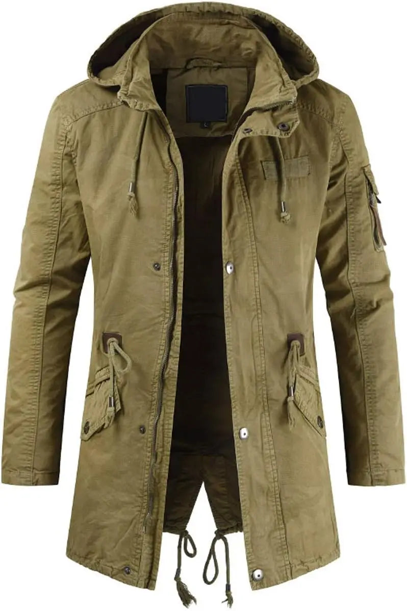 Men Long Cargo Parka Men's Spring Military Full-Zip Removable Hooded Cotton Mid-Long Parka Jacket Fleece Lined Plush Warm Coat